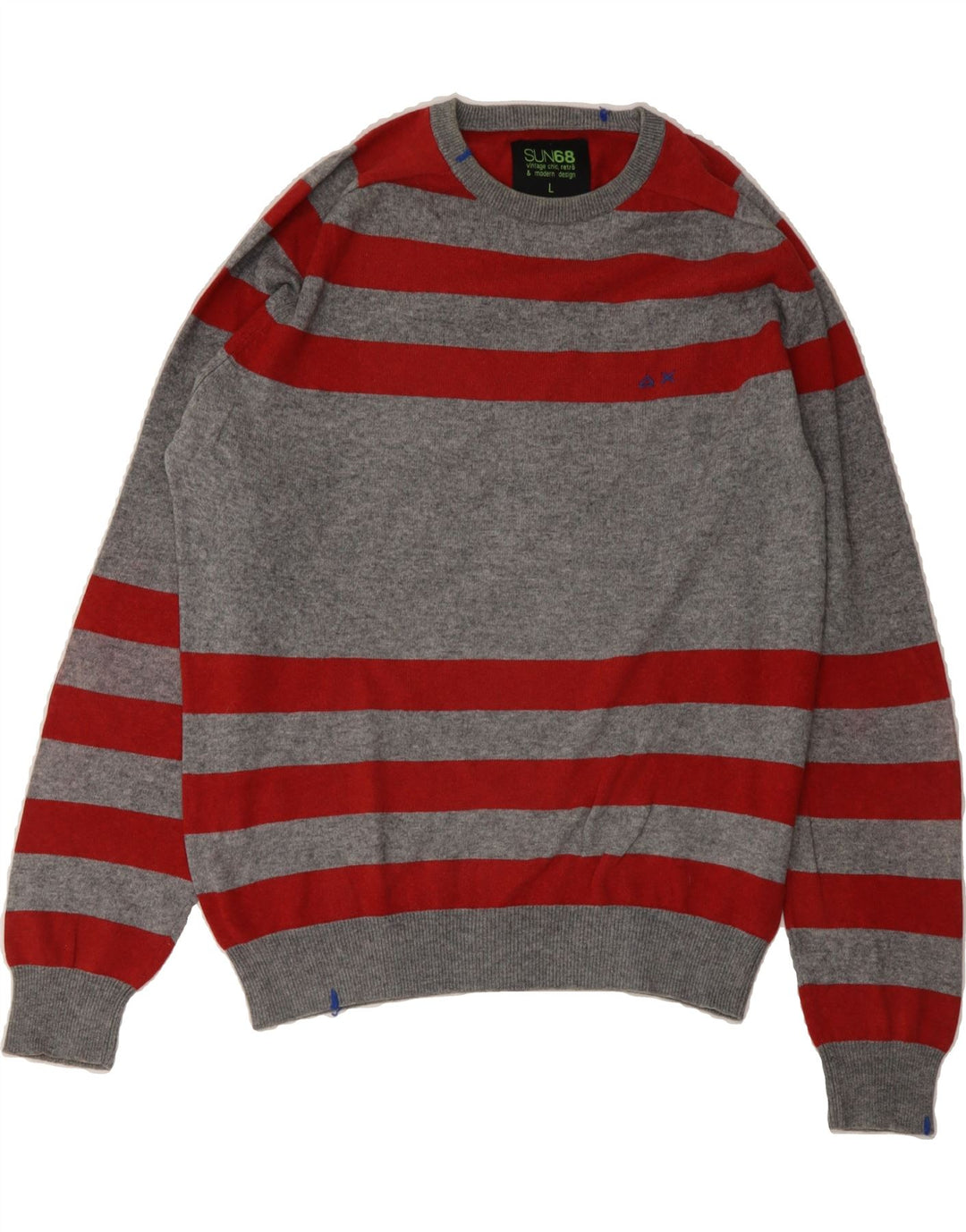 SUN68 Mens Crew Neck Jumper Sweater Large Grey Striped Cotton Vintage Sun68 and Second-Hand Sun68 from Messina Hembry 
