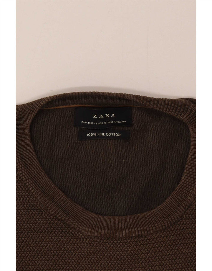 Zara Mens Crew Neck Jumper Sweater Large Brown Cotton