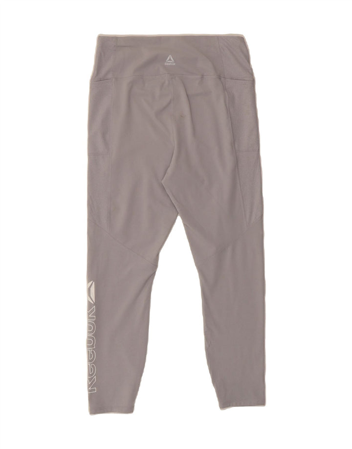 REEBOK Womens Graphic Leggings UK 14 Large Grey Polyester Vintage Reebok and Second-Hand Reebok from Messina Hembry 