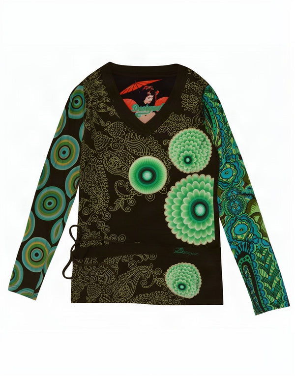 Desigual Womens Graphic Top Langarm UK 10 Small Khaki Paisley Cotton
