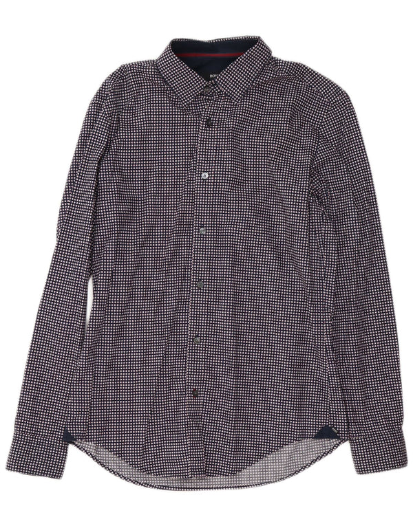 Camisa masculina Hugo Boss Slim Fit médio algodão manchado azul marinho