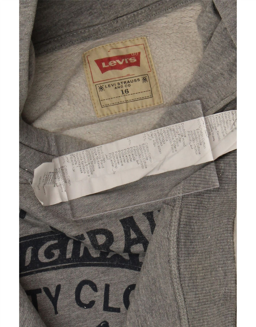 LEVI'S Boys Graphic Hoodie Jumper 15-16 Years Grey Cotton Vintage Levi's and Second-Hand Levi's from Messina Hembry 