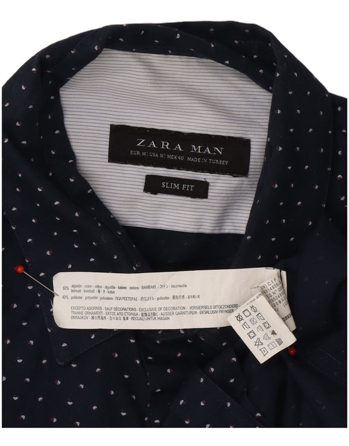 ZARA Mens Slim Fit Shirt Medium Navy Blue Spotted Cotton