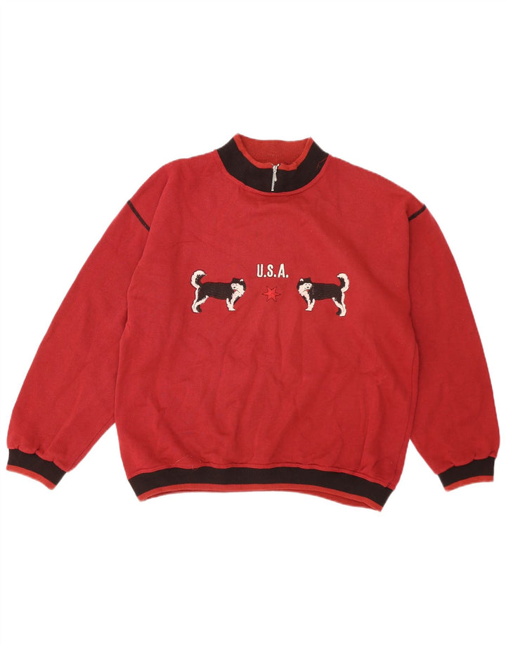 Vintage Mens Graphic Sweatshirt Jumper Medium Red Colourblock Cotton