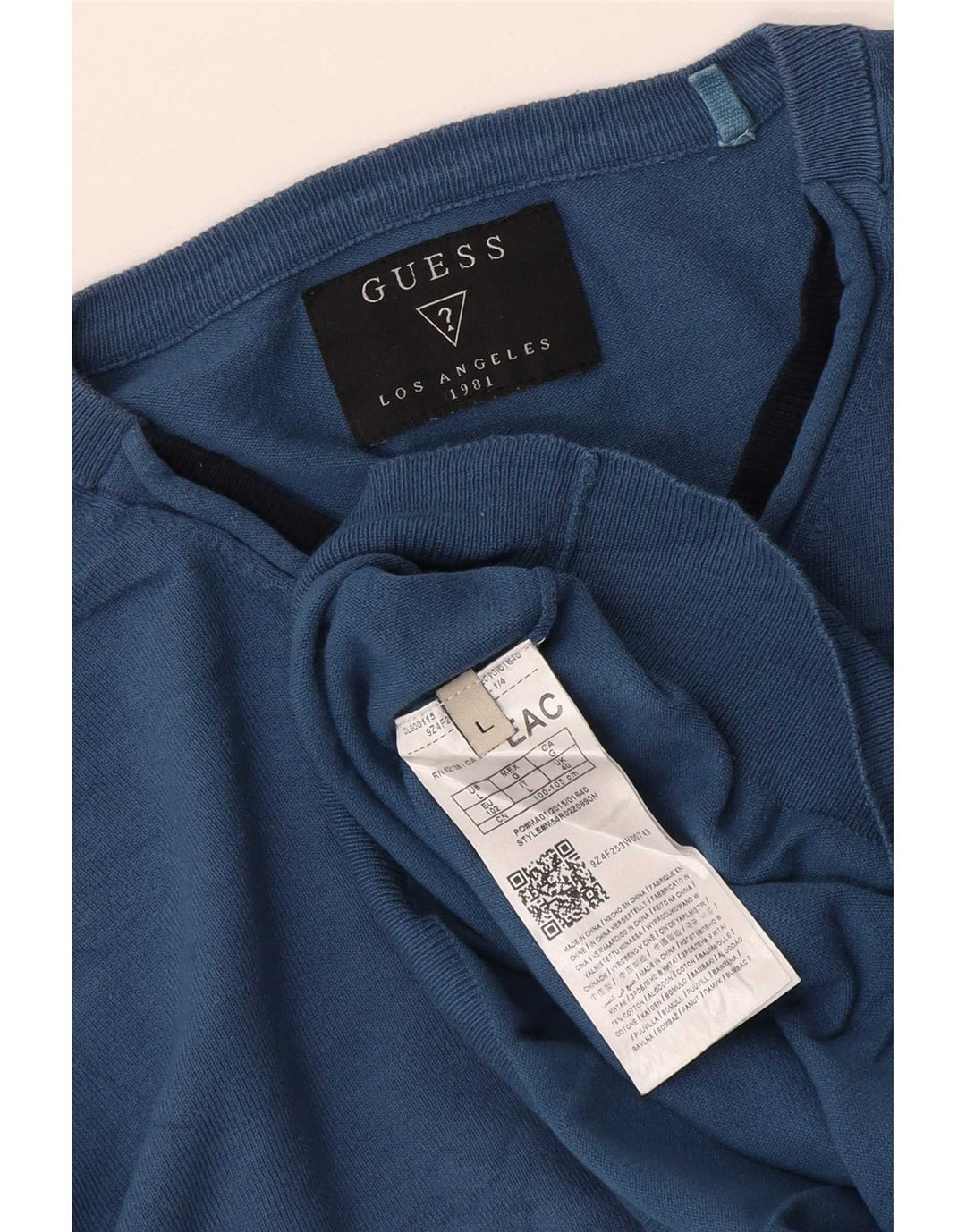 Guess Mens V-Neck Jumper Sweater Large Blue Cotton