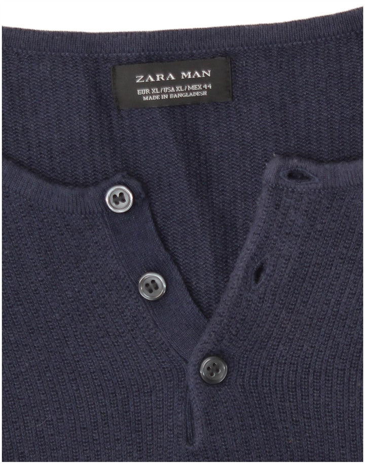 Pulover pentru bărbați Zara, cu gât cu nasturi, XL, bleumarin