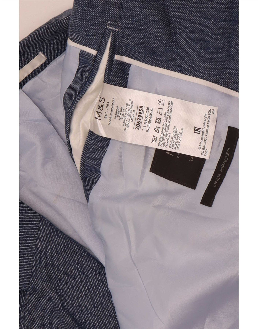 Marks & Spencer Herre 2 Button Blazer Jacket UK 54 7XL Blue Linen Classic