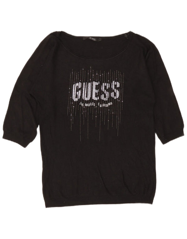 Guess Maglione da donna con scollo a barchetta con maniche a 3/4 grafica UK 6 XS Nero