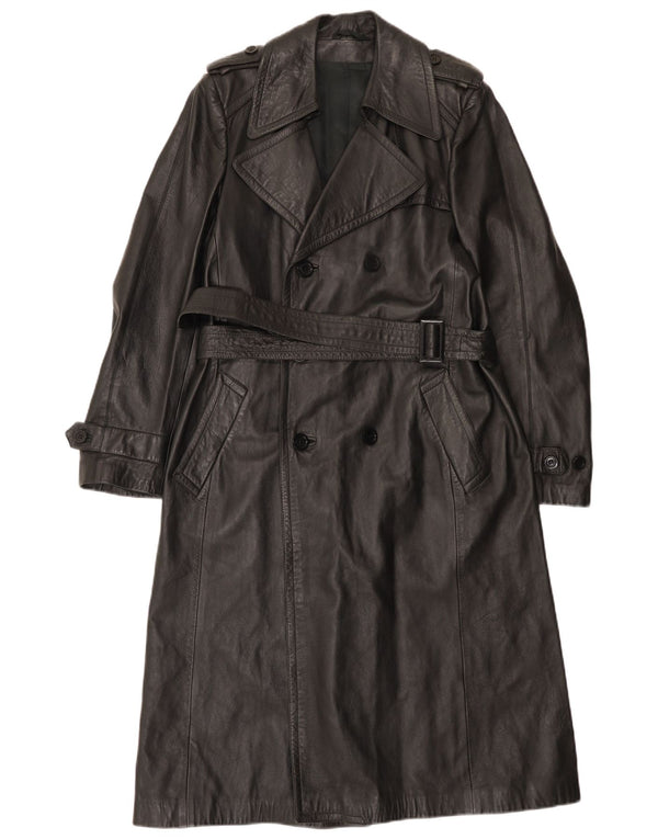 Vintage Herren Militär Zweireiher Ledermantel UK 36 Small Schwarz