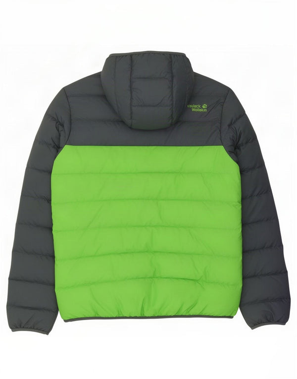 Jaqueta masculina acolchoada com capuz Jack Wolfskin UK 42 grande bloco colorido verde