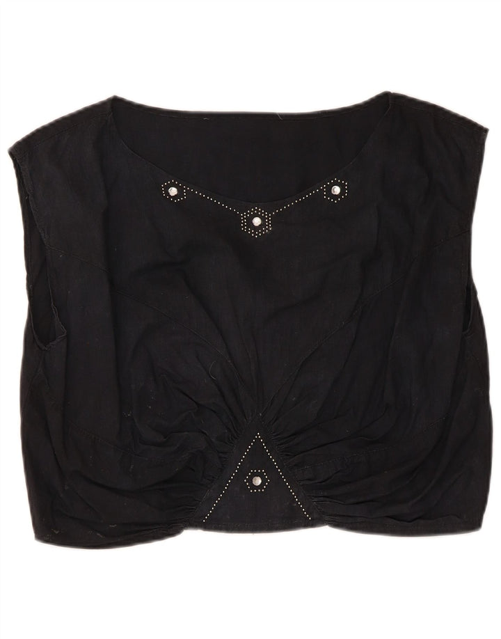 Top corto da donna vintage in camicetta UK 14 medio nero