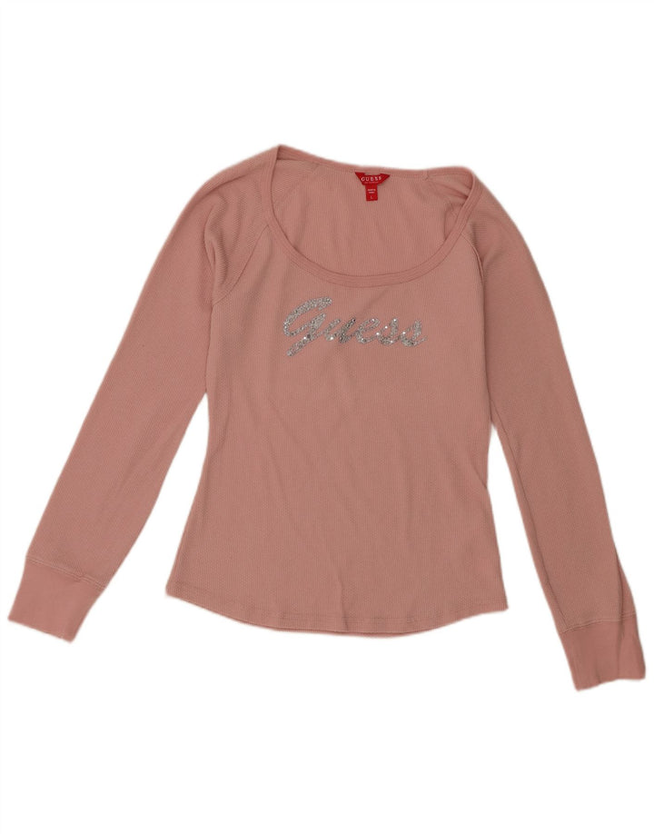 Guess Womens Graphic Top Long Sleeve UK 14 Large Pink Polyester