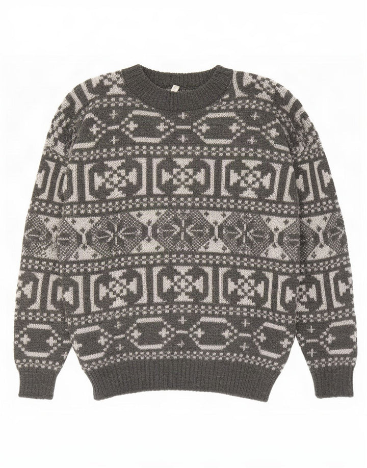 vintage Mens Crew Neck Jumper Pull Moyen Gris Géométrique Laine