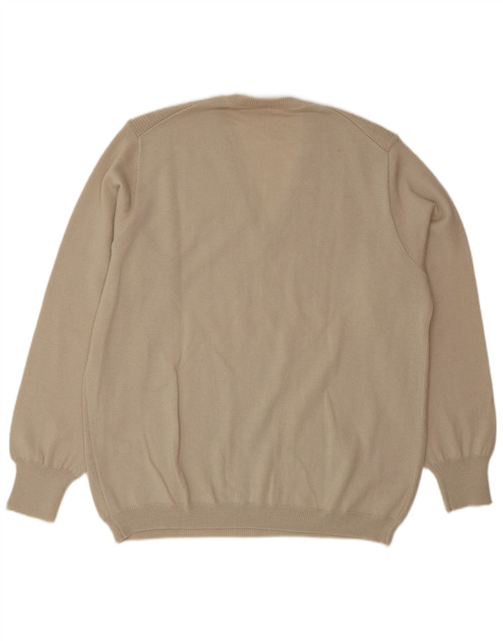 VINTAGE Mens V-Neck Jumper Sweater Large Beige Wool