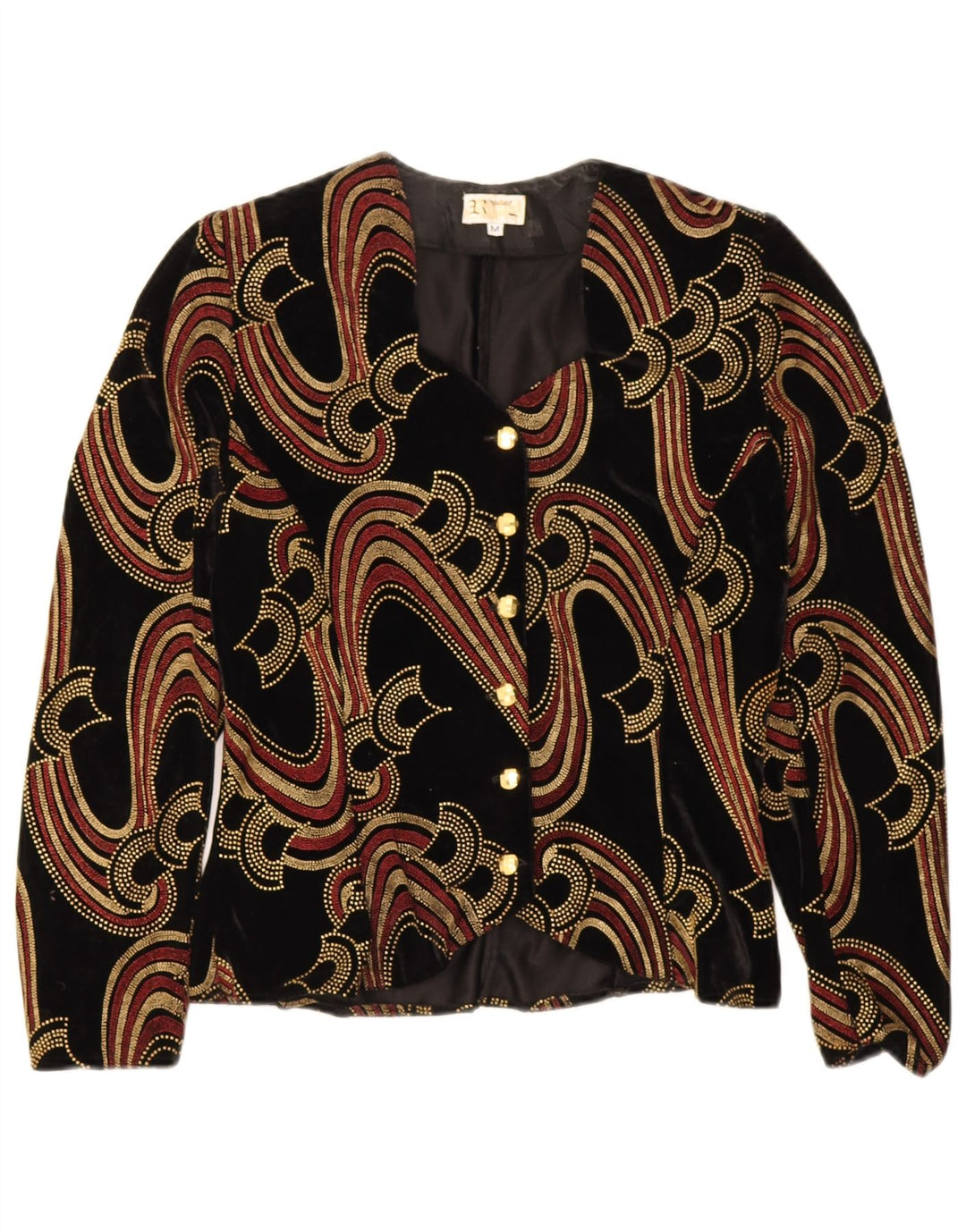 Vintage kvinders fløjl abstrakt mønster cardigan top UK 12 medium sort