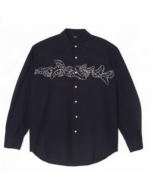 Nautica Herrenhemd XL Marineblaues Blumen-Leinen