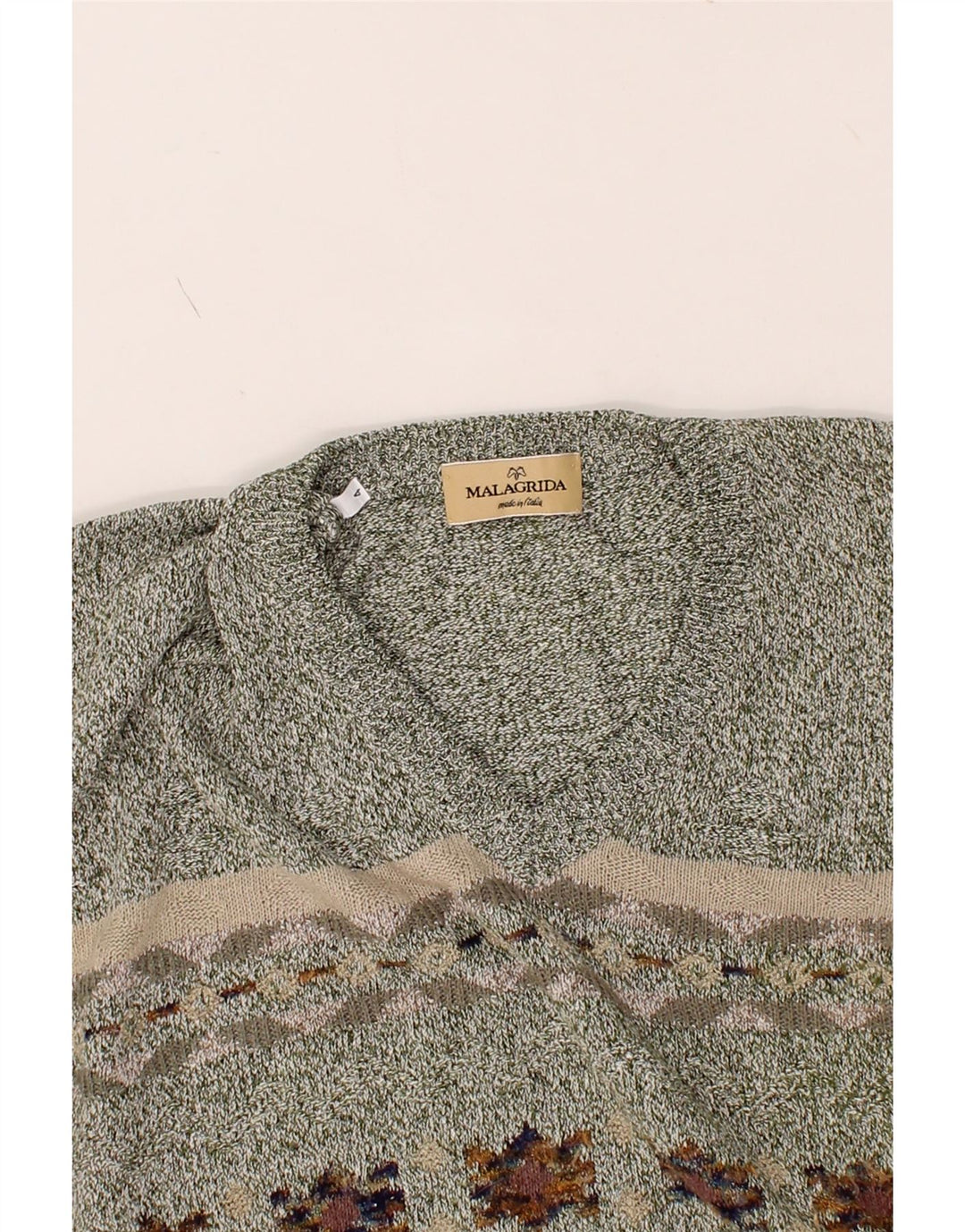 MALAGRIDA Mens V-Neck Jumper Sweater Medium Grey Fair Isle Cotton Vintage Malagrida and Second-Hand Malagrida from Messina Hembry 