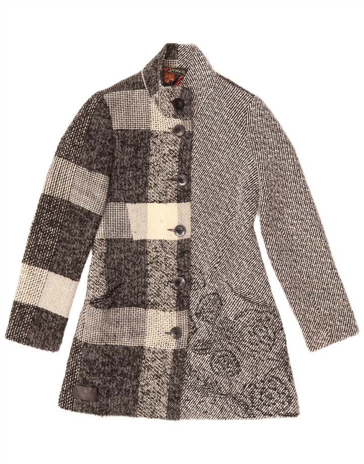 DESIGUAL Womens Overcoat EU 36 Small Grey Patchwork Wool