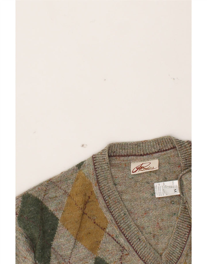 RODES Mens V-Neck Jumper Sweater Medium Grey Argyle/Diamond Wool