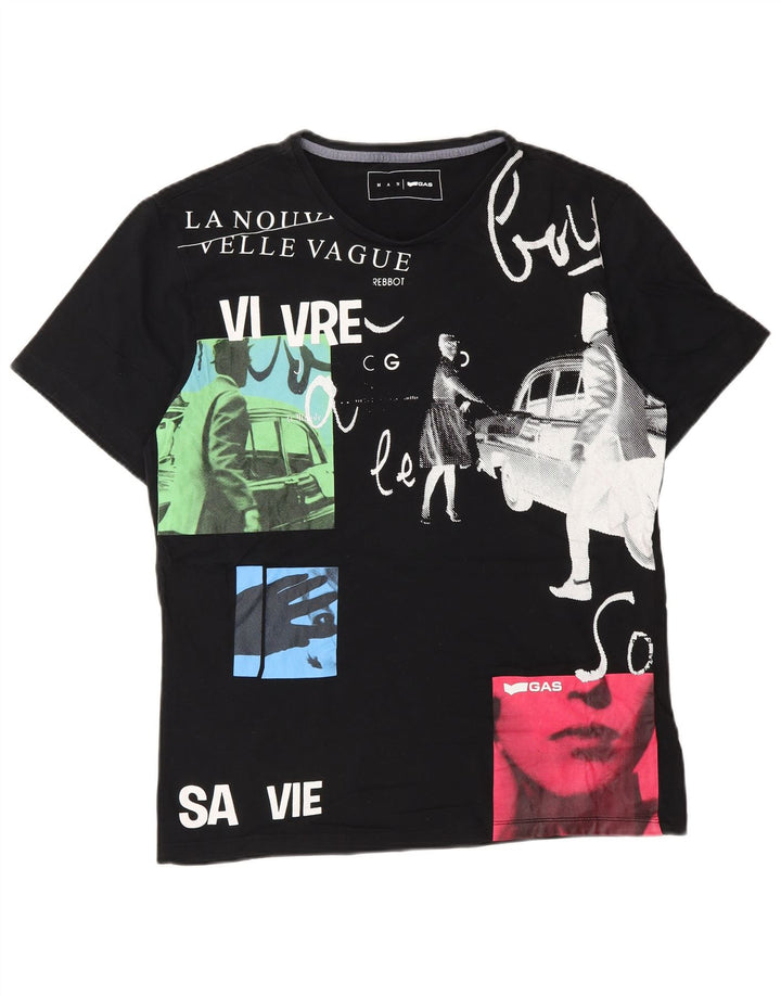 GAS Mens Graphic T-Shirt Top Medium Black Cotton