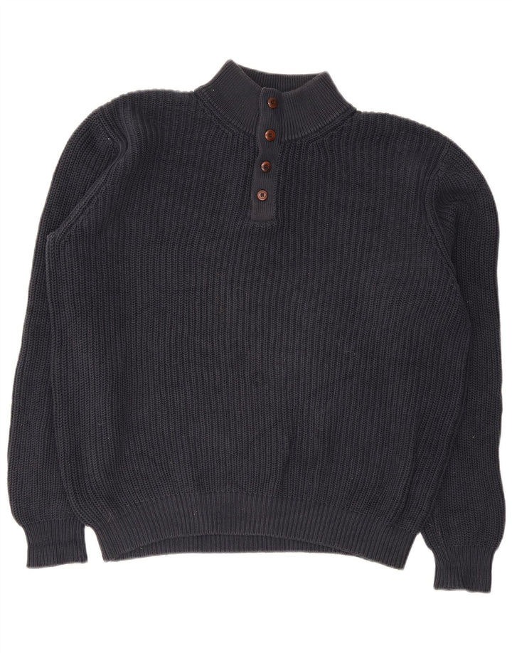 L.L.Bean Mens Button Neck Jumper Sweater Large Navy Blue Cotton