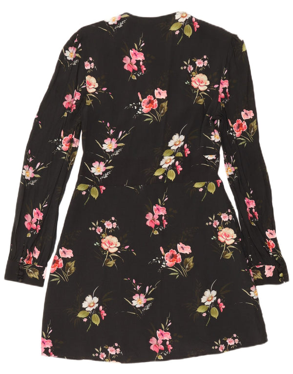 Zara Dame Langærmet A-Line Kjole UK 10 Small Black Floral