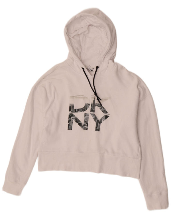Dkny Womens Oversized Graphic Crop Hoodie Jumper UK 10 Small White Cotton