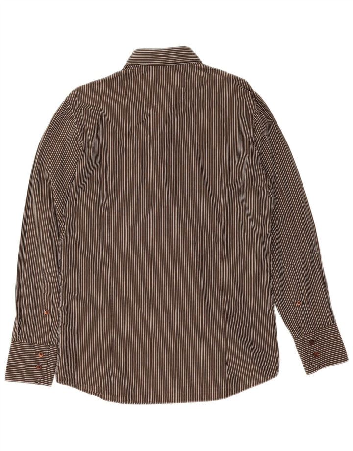 Hugo Boss Mens Shirt Medium Brown Pinstripe Cotton