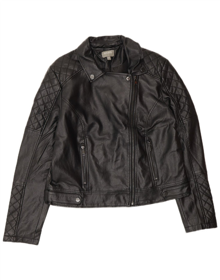 Oasis Womens Faux Leather Biker Jacket UK 16 Large Black Polyethylene