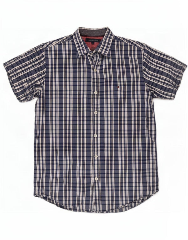 Tommy Hilfiger Mens Short Sleeve Shirt Medium Navy Blue Check Cotton