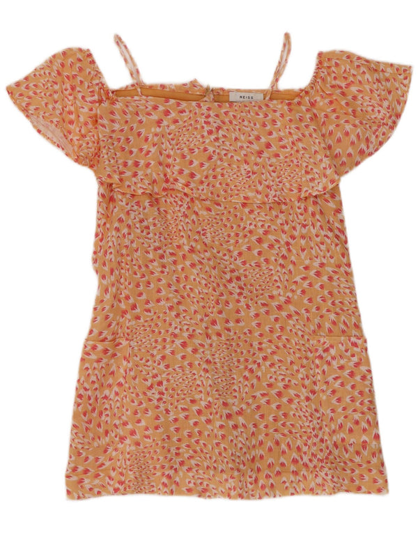 Reiss Mädchen-Kleid mit Rüschen, schulterfrei, 7–8 Jahre, orangefarbenes Blumenmuster, Leinen