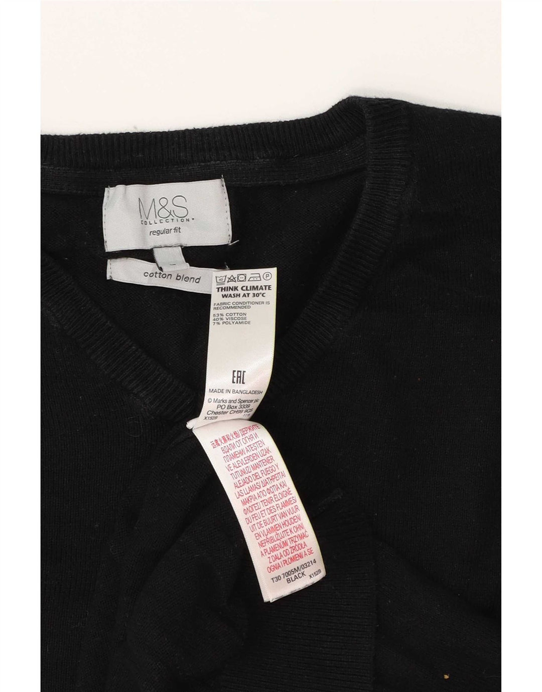 Marks & Spencer Mens Regular Fit V-Neck Jumper Sweater Large Black Cotton