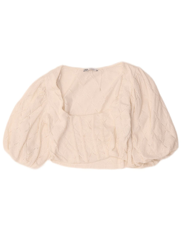 Zara Womens 3/4 Sleeve Crop Blouse Top UK 14 Large White Cotton