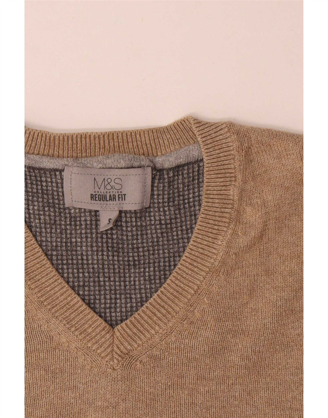 Marks & Spencer Mens Regular Fit V-Neck Jumper Sweater Small Beige Cotton
