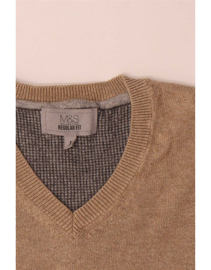 Marks & Spencer Mens Regular Fit V-Neck Jumper Sweater Small Beige Cotton