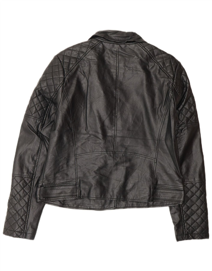 Oasis Womens Faux Leather Biker Jacket UK 16 Large Black Polyethylene
