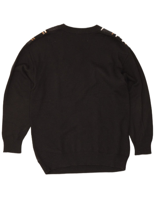 Maglione vintage da uomo con scollo a V EU 46 piccola lana merino geometrica nera