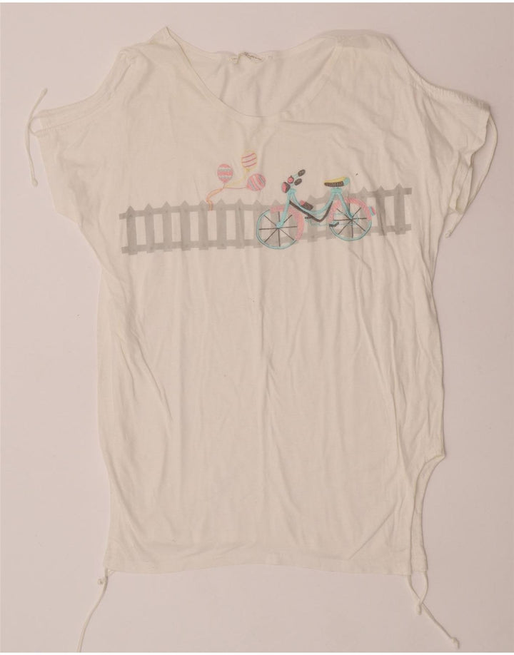 Vintage Dame Grafisk T-Shirt Top IT 44 Medium Hvid Bomuld