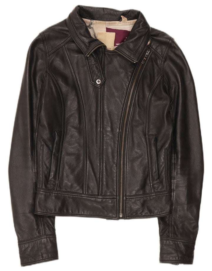 Ted Baker Womens Crop Leather Biker Jacket Size 1 XS Black Leather