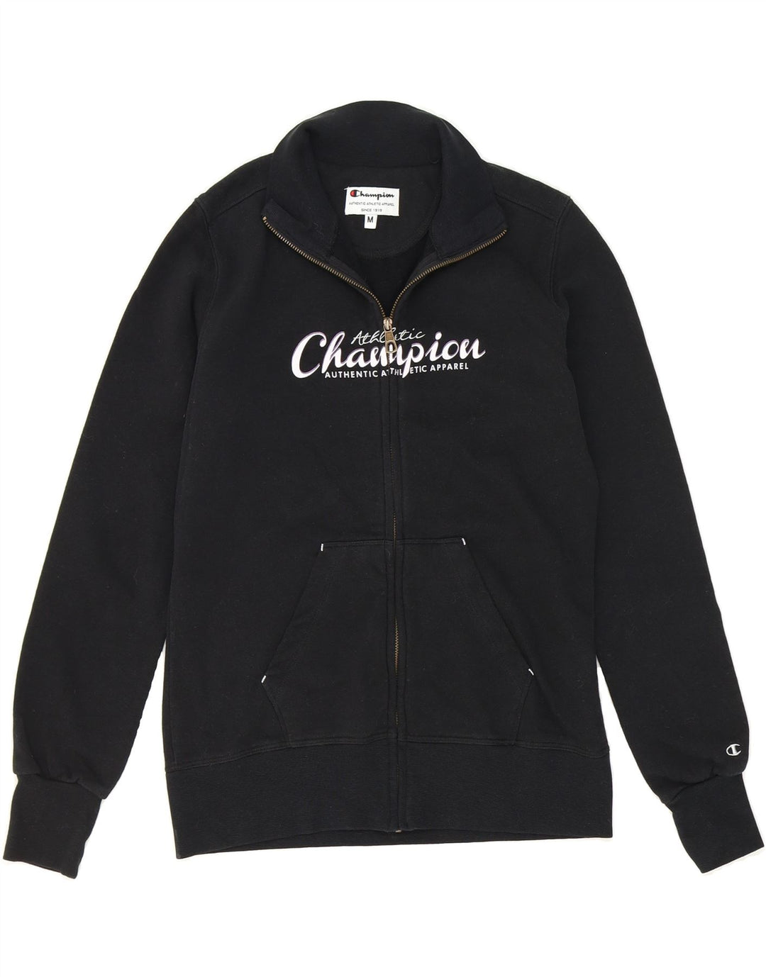 CHAMPION Womens Graphic Tracksuit Top Jacket UK 12 Medium Black Cotton Vintage Champion and Second-Hand Champion from Messina Hembry 
