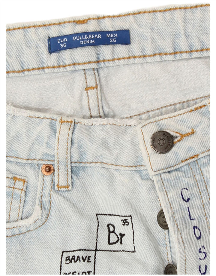 Pull & Bear Womens Graphic Distressed Denim Shorts EU 36 XS W26 Blue