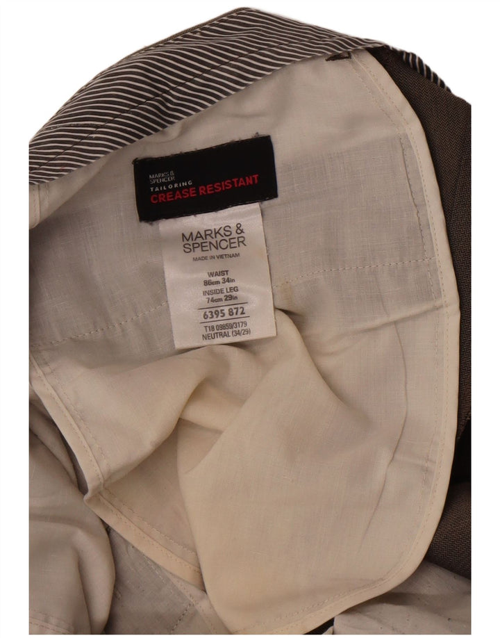 Marks & Spencer Mens Straight Suit Trousers W34 L29 Brown Herringbone