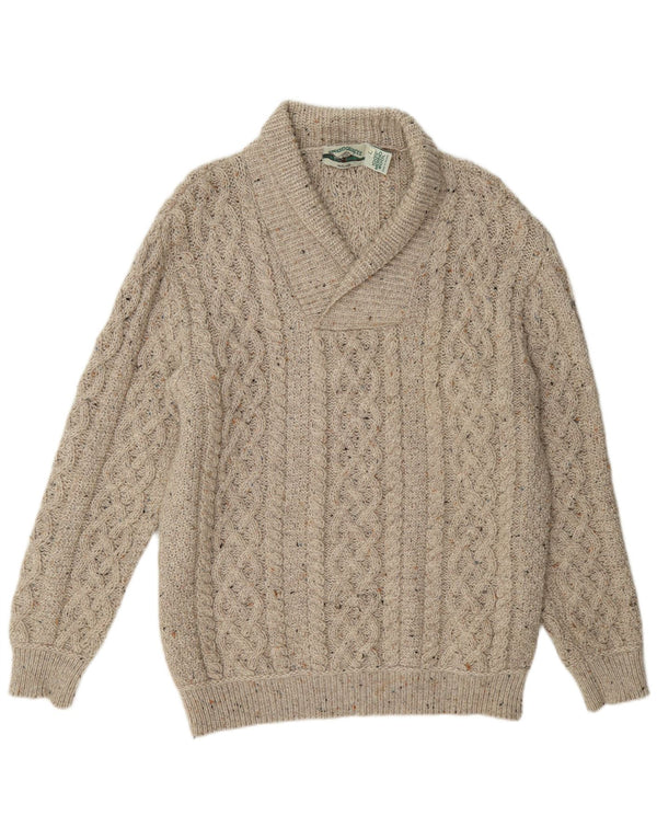 Aran Crafts Herre Shawl Neck Jumper Sweater Large Beige Flecked Wool
