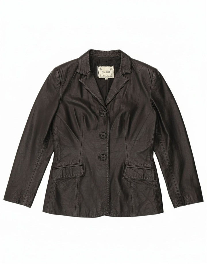 VINTAGE Womens 3 Button Leather Blazer Jacket UK 12 Medium Black Leather