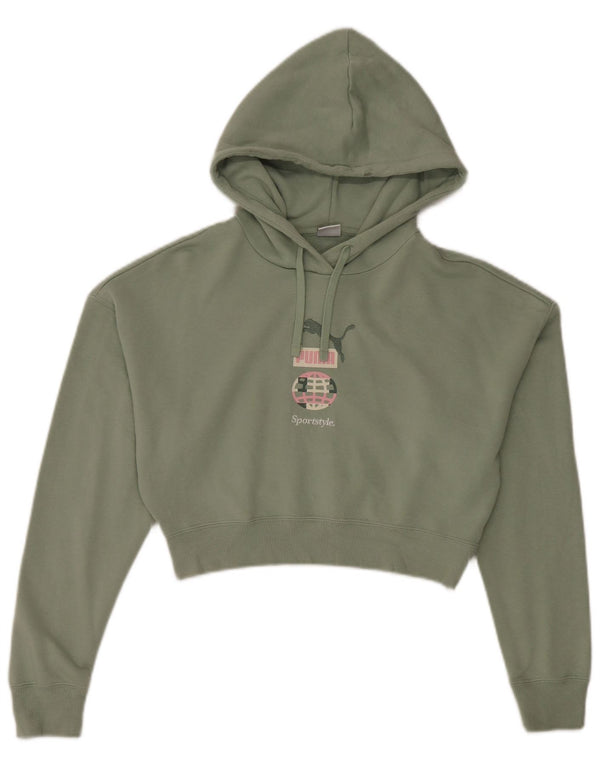 Puma Womens Oversized Crop Graphic Hoodie Jumper UK 10 Small Green Cotton