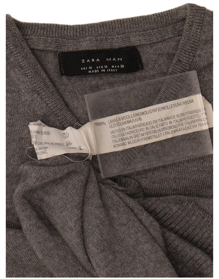ZARA Mens V-Neck Jumper Sweater Medium Grey Wool