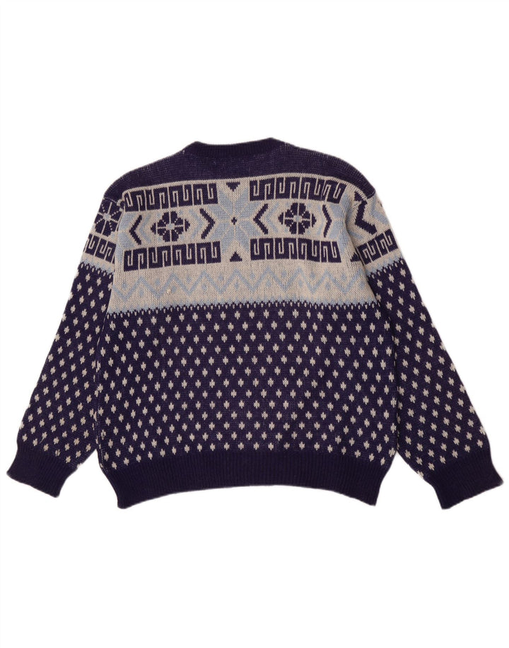 Vintage Mens Crew Neck Jumper Sweater Medium Navy Blue Geometric