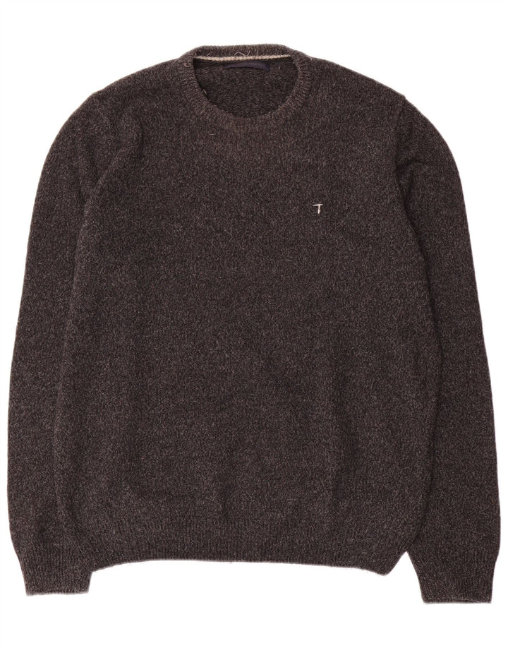 Trussardi Herren-Pullover mit Rundhalsausschnitt, groß, grau gesprenkelte Wolle