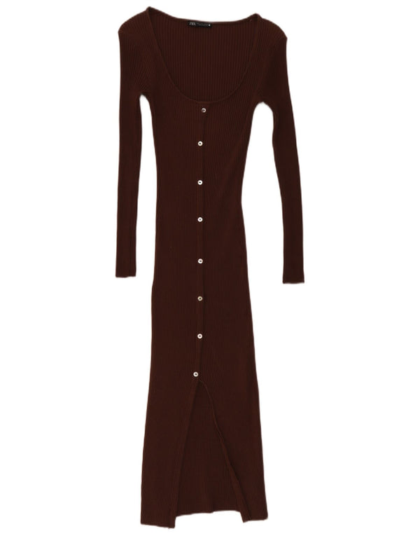 Langärmliges, figurbetontes Damenkleid von Zara, Größe S, Größe S, Braun, Baumwolle