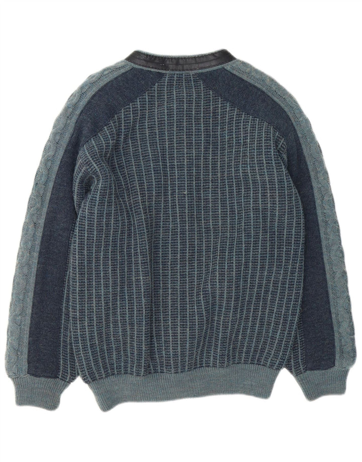 Vintage Mens Knit Bomber Jacket IT 48 Medium Navy Blue Striped Acrylic